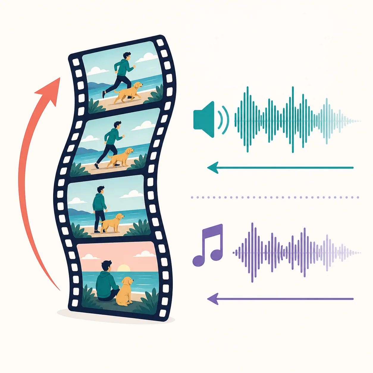 動画全体の逆再生と音声だけの逆再生をフィルムと波形で比較する説明図