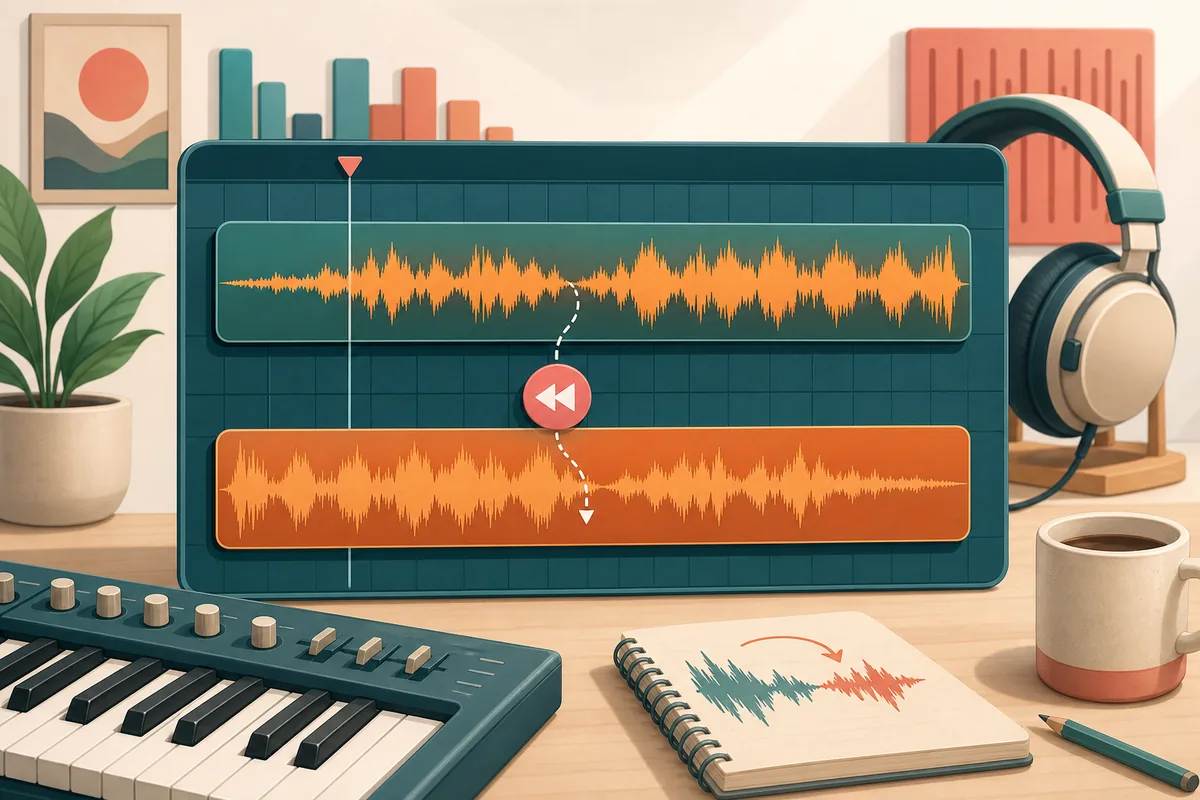 FL Studioで音声を逆再生する考え方を示す波形と音楽制作機材の概念図