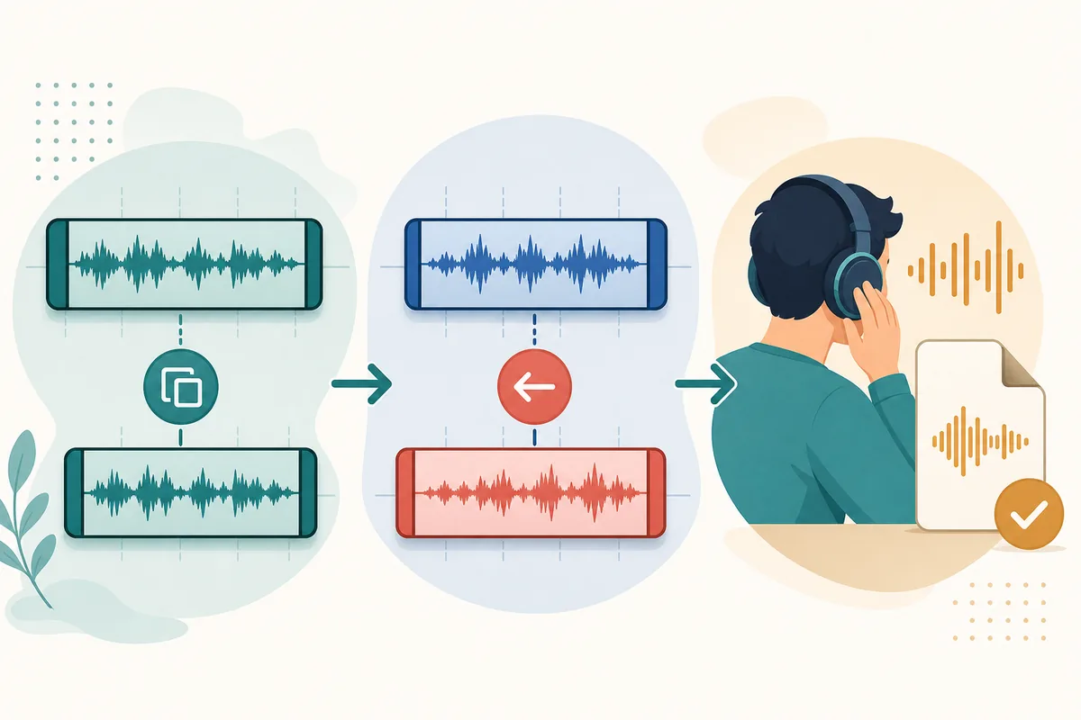 音声を複製して逆再生し、ヘッドホンで確認して保存する流れの概念図
