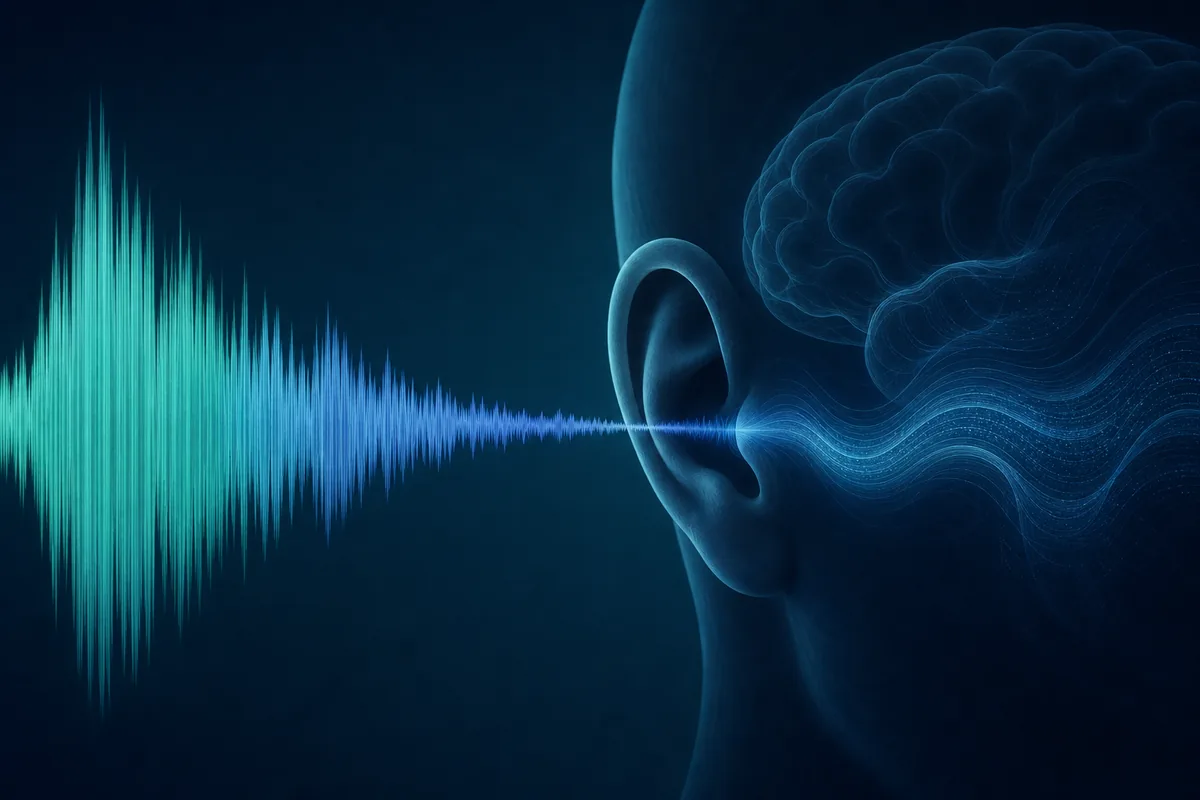 逆向きに流れる音の波形が耳と脳へ届く概念図