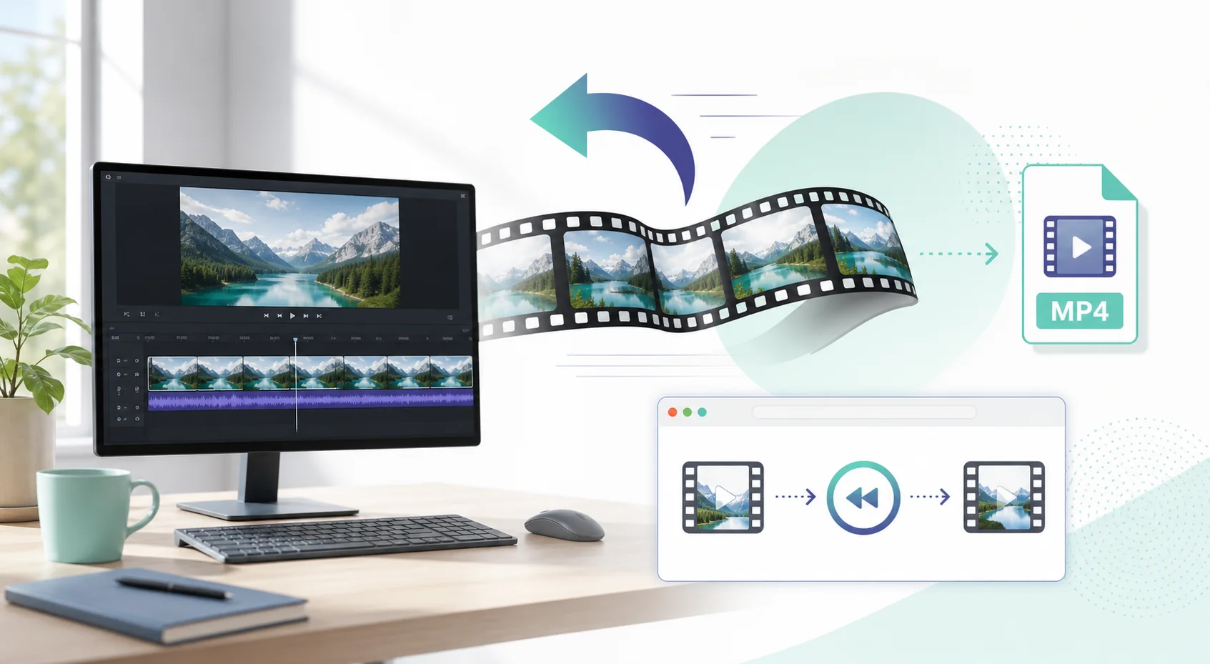 Windowsの動画編集画面と逆向きに流れるMP4フィルムのイメージ