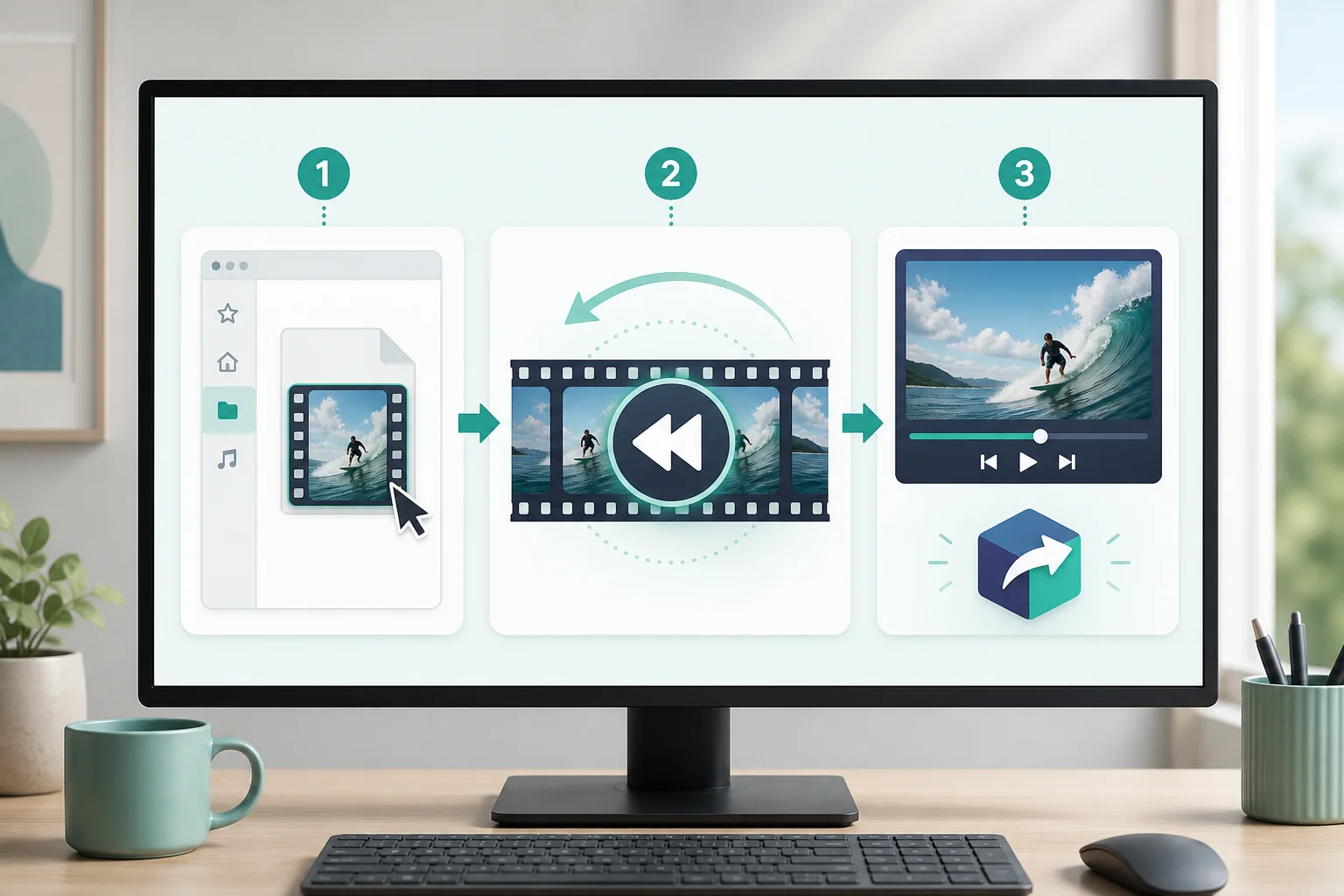 Windowsで動画ファイルを選び、逆再生して保存する3段階の手順イメージ